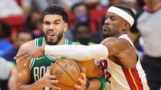 (L, R), Jayson Tatum is defended by Jimmy Butler, the two will face off again in the Heat vs. Celtics live stream for game 2 of the Eastern Conference Finals