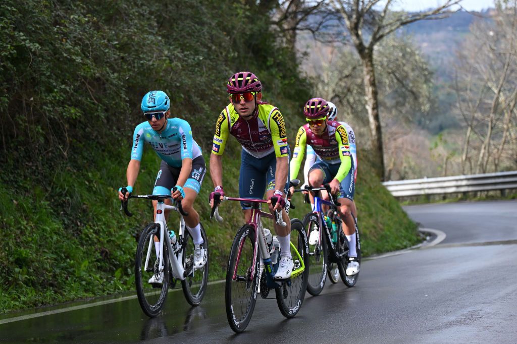 FOLLONICA ITALY MARCH 05 LR Filippo Magli of Italy and Team VF Group Bardiani CSF Faizane and Lorenzo Quartucci of Italy and Team CorratecVini Fantini compete in the breakaway during the 59th TirrenoAdriatico 2024 Stage 2 a 198km stage from Camaiore to Follonica UCIWT on March 05 2024 in Follonica Italy Photo by Tim de WaeleGetty Images