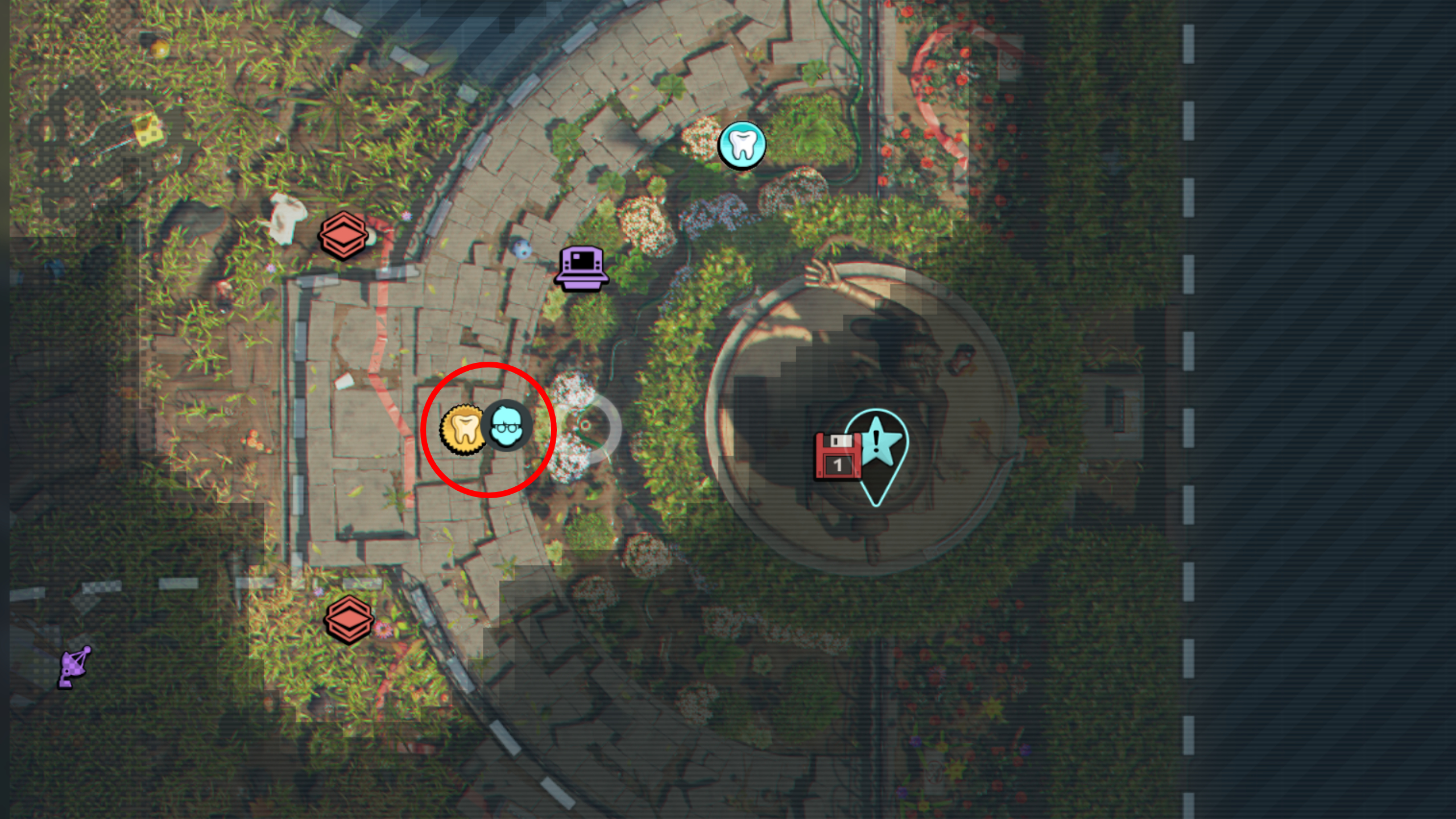 Grounded 2 Milk Molar locations: A map highlighting the location of a Mega Milk Molar under the stairs to the Statue.