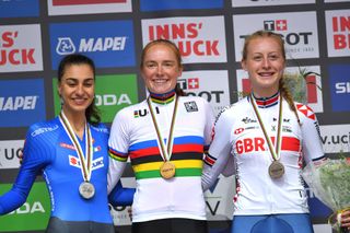 INNSBRUCK, AUSTRIA - SEPTEMBER 24: Podium / Camilla Alessio of Italy Silver Medal / Rozemarijn Ammerlaan of The Netherlands Gold Medal / Elynor Backstedt of Great Britain Bronze Medal / Celebration / during the Individual Time Trial Women Junior a 20km race from Wattens to Innsbruck 582m at the 91st UCI Road World Championships 2018 / ITT / RWC / on September 24, 2018 in Innsbruck, Austria. (Photo by Tim de Waele/Getty Images)