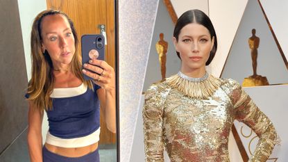 Left, Lucy in the mirror, right, Jessica Biel at an awards ceremony in a shiny dress