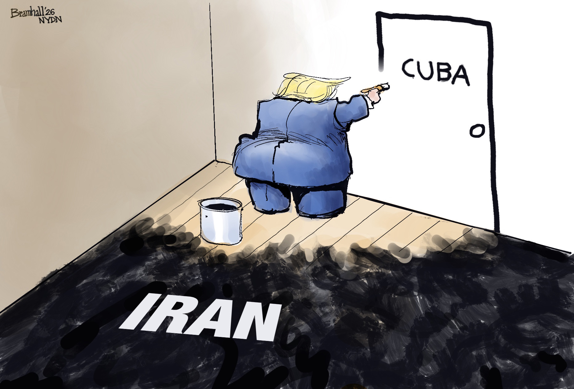 Donald Trump has painted himself into a corner in this cartoon. The painted part of the floor is labeled &amp;ldquo;IRAN&amp;rdquo;. Trump reaches to paint a door with the word &amp;ldquo;CUBA&amp;rdquo; on it.