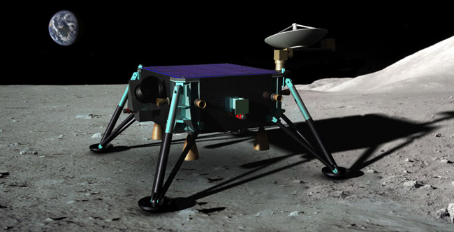 Artist&#039;s interpretation of the Draper/MIT team&#039;s hopping spacecraft on the moon, for the Google Lunar X Prize.