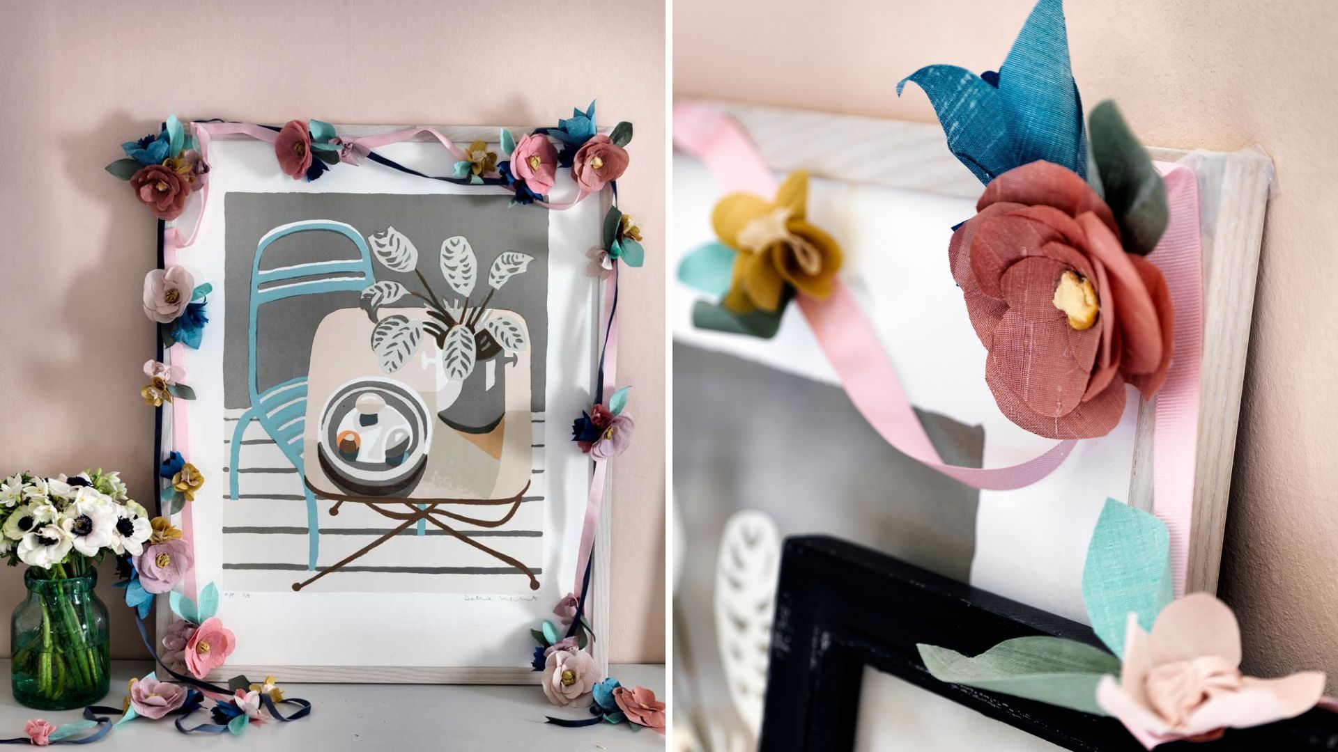 Picture frame on mantelpiece with pretty flower garland adding a creative Easter mantel decor ideas