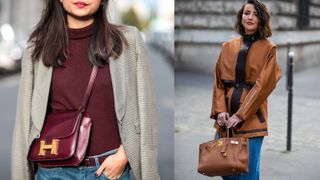 composite of street style shots of women with leather bags
