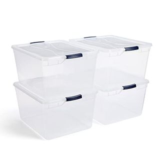 Large stacked clear storage bins with latching lids and black handles 