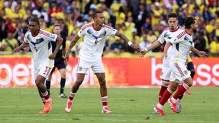 Jhonder Cadiz of Venezuela celebrates after scoring the team's first goal during the South American FIFA World Cup 2026 Qualifier match between Ecuador and Venezuela at Rodrigo Paz Delgado Stadium on March 21, 2025 in Quito, Ecuador.