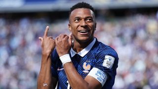Kylian Mbappe of France celebrates scoring his team's first goal during the FIFA World Cup 2026 Group I match against Senegal at New York New Jersey Stadium on June 16, 2026 in East Rutherford