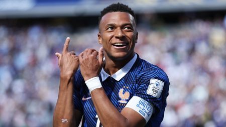 Kylian Mbappe of France celebrates scoring his team's first goal during the FIFA World Cup 2026 Group I match against Senegal at New York New Jersey Stadium on June 16, 2026 in East Rutherford