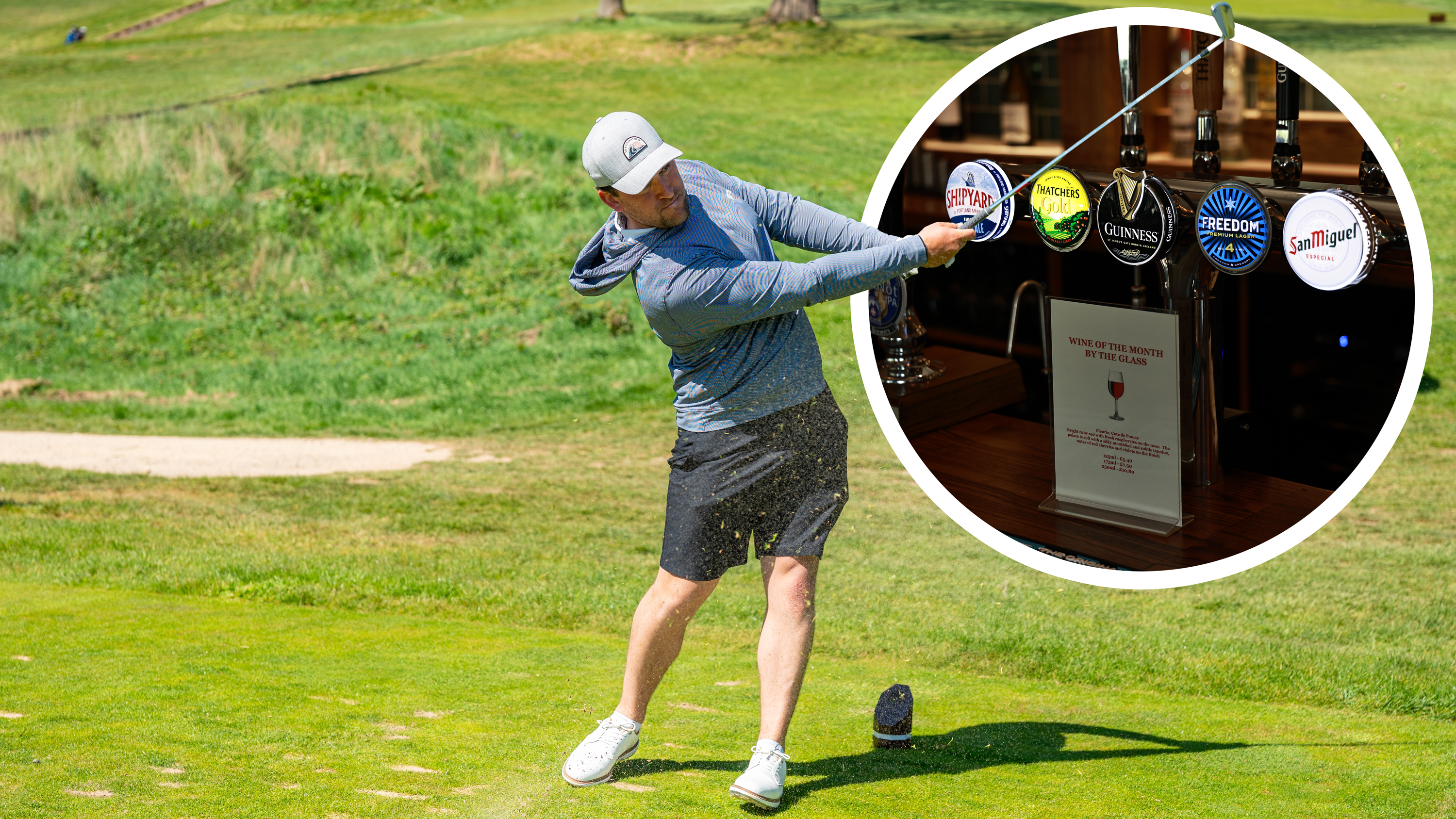 Sam De'Ath hitting a tee shot on a par-3 with an inset image of a bar with five beer taps and two ale pumps