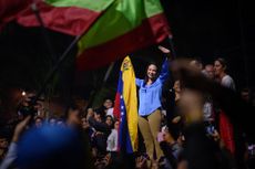 Maria Corina Machado, banned opposition presidential primary candidate for the Vente Venezuela party, celebrates during an election night rally in Caracas, Venezuela, on Sunday, Oct. 22, 2023