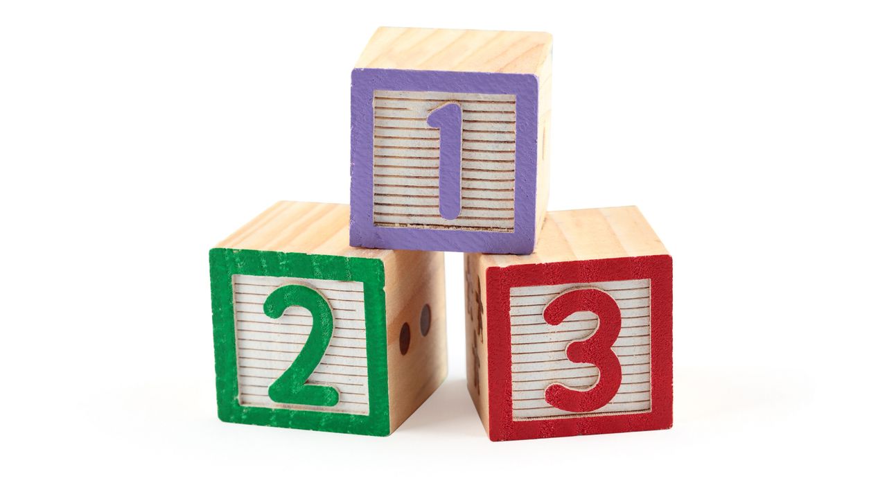 Three children&#039;s wooden blocks with the numerals 1, 2 and 3 on them.