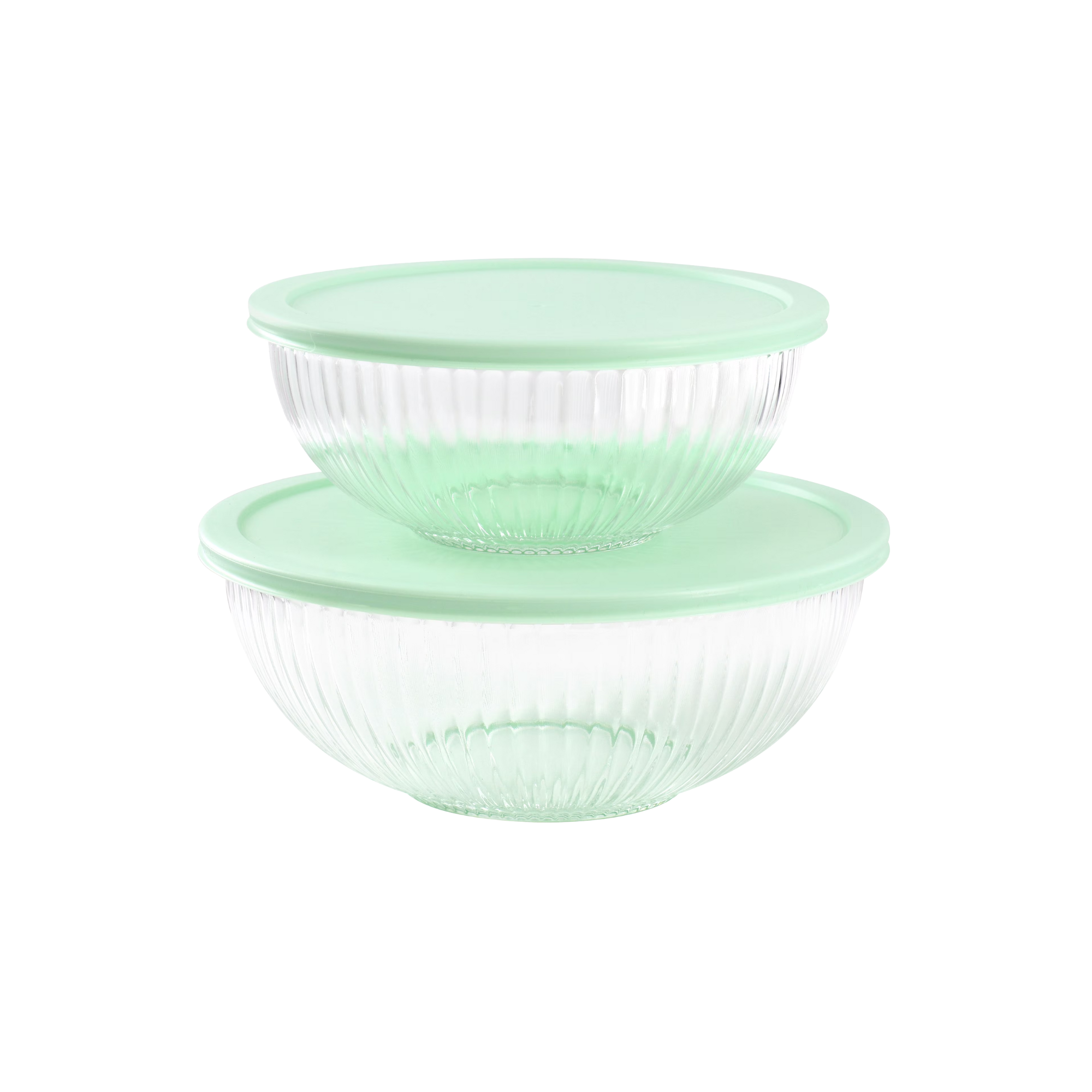 Ribbed glass bowls with mint green lids