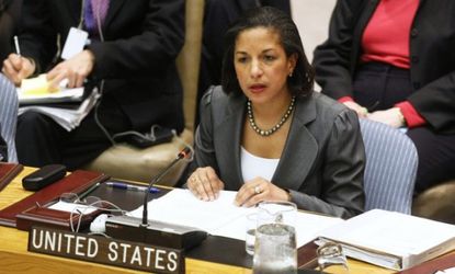 Rice addresses the U.N. Security Council prior to voting on a resolution condemning Israeli settlement activity in February 2011. 