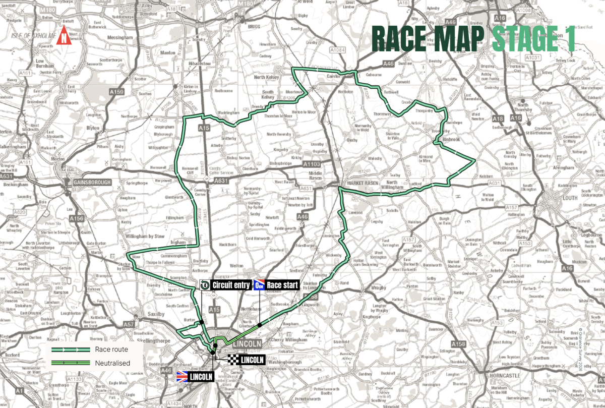 Tour of Britain Men 2026 map of stage 1
