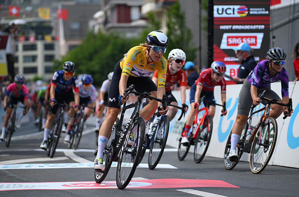KUSSNACHT, SWITZERLAND - JUNE 14: Marlen Reusser of Switzerland and Team Movistar - Yellow Leader Jersey crosses the finish line during the 5th Tour de Suisse Women 2025, Stage 3 a 123.1km stage from Oberkirch to Kussnacht / #UCIWWT / on June 14, 2025 in Kussnacht, Switzerland. (Photo by Tim de Waele/Getty Images)