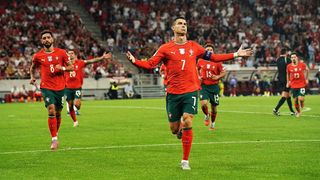 Cristiano Ronaldo, of Portugal, celebrates scoring for his country during World Cup 2026 qualifying