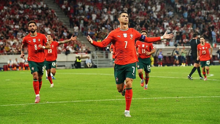 Cristiano Ronaldo, of Portugal, celebrates scoring for his country during World Cup 2026 qualifying