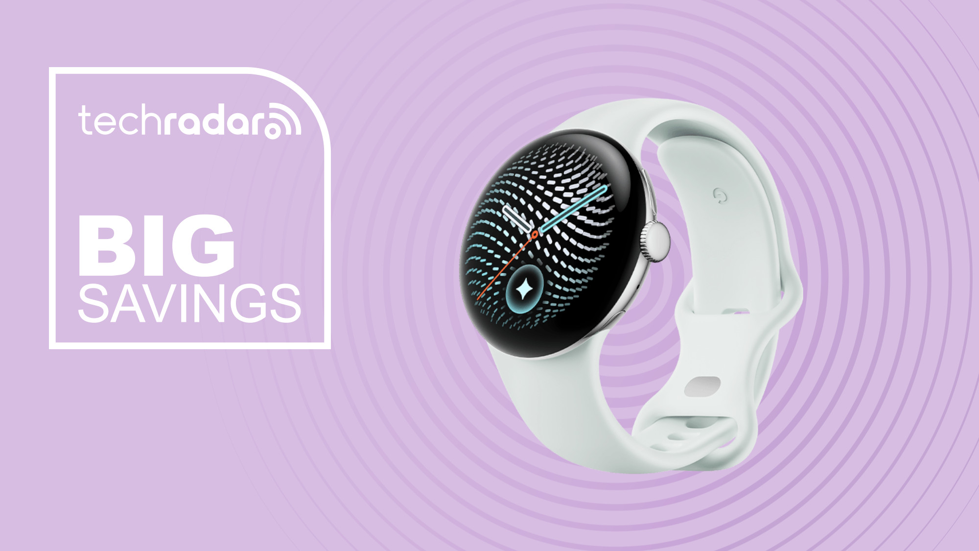 Google Pixel Watch 5 on purple background with big savings text overlay