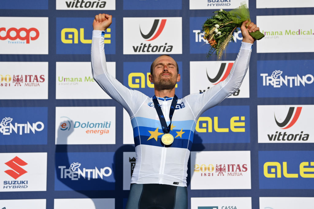 TRENTO ITALY SEPTEMBER 12 Sonny Colbrelli of Italy poses with the gold medal after the 27th UEC Road Cycling European Championships 2021 Elite Mens Road Race a 1792km race from TrentoPiazza Duomo to TrentoPiazza Duomo UECcycling on September 12 2021 in Trento Italy Photo by Justin SetterfieldGetty Images