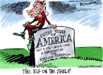 Political cartoon U.S. Christmas Putin elf America death