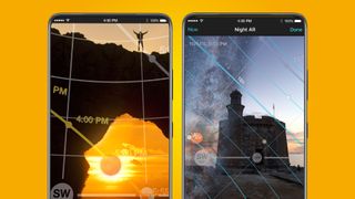 Two phones on an orange background showing a sunset and milky way in the Photopills app
