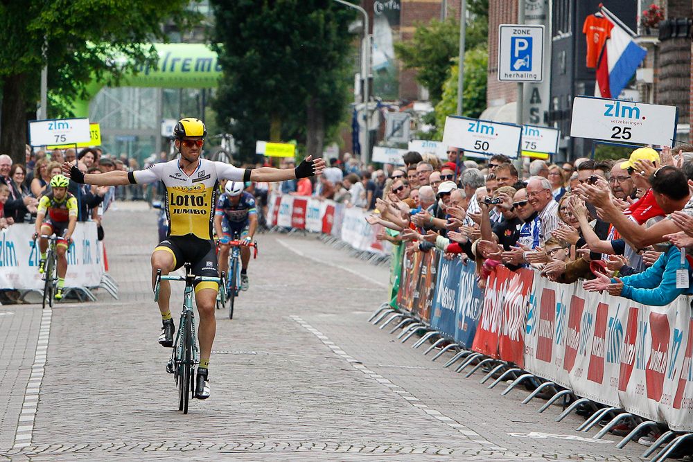 Maarten Tjallingii celebrates his final ever race as a professional