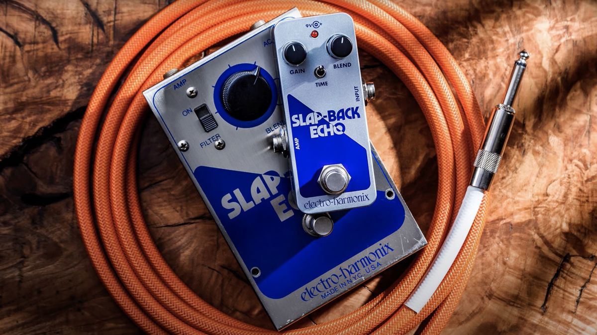 Electro-Harmonix&#039;s original, late-&#039;70s era Slap-Back Echo pedal sits below the company&#039;s new version of the pedal