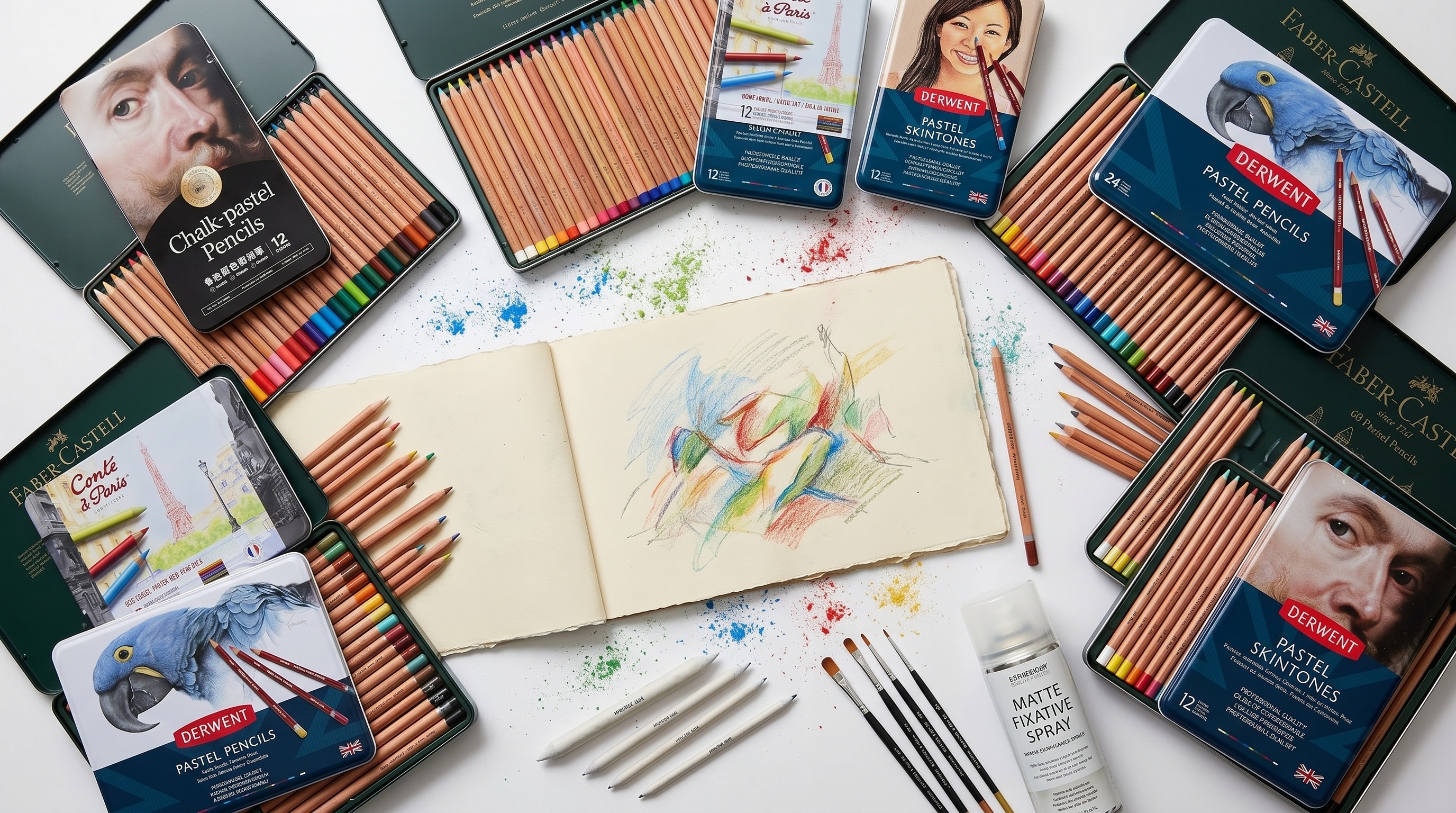 selection of pastel pencils and a sketchpad in the middle