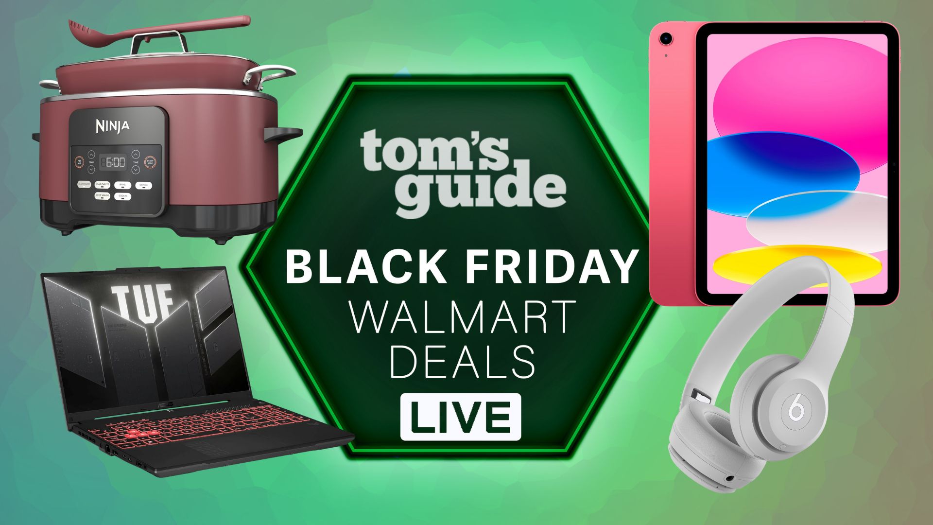 Tom&#039;s Guide Black Friday Walmart Deals LIVE label surrounded by a selection of items on sale at Walmart