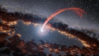 Illustration of a star being 'spaghettified' by a supermassive black hole. Red blouds of material from teh star stretch and curve toward the black hole's center