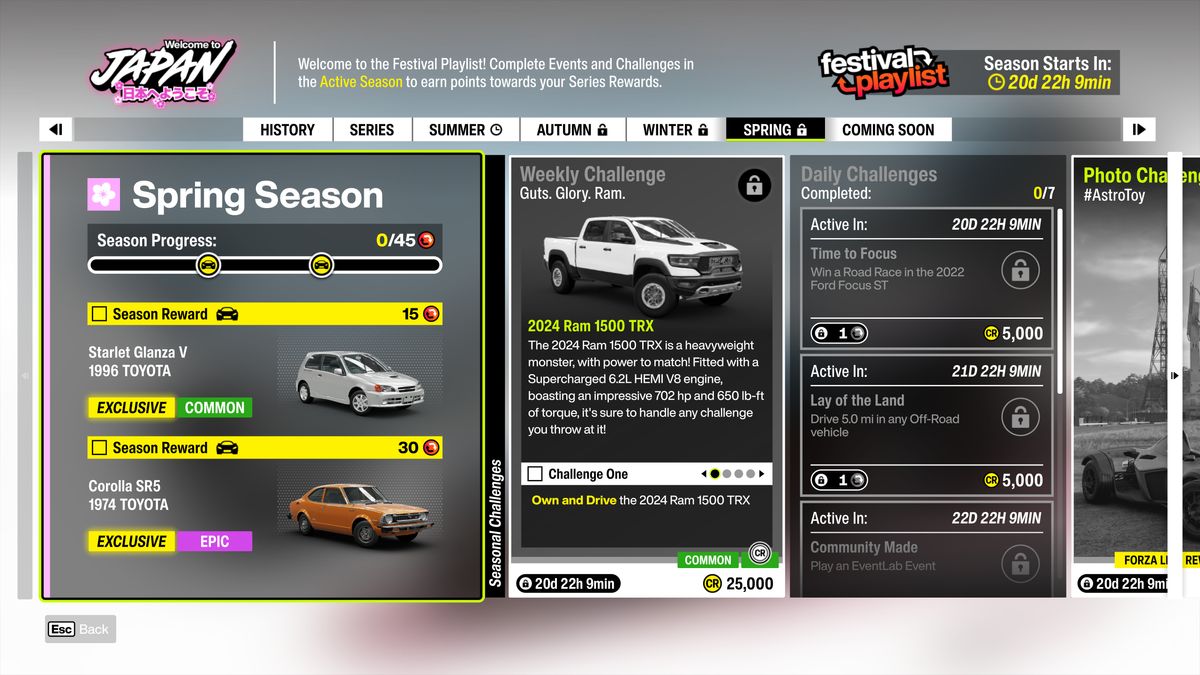Forza Horizon 6 Series 1: An infographic of the Spring Festival Playlist challenges and rewards.