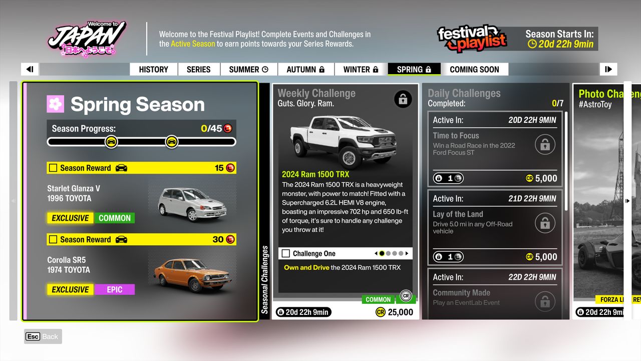 Forza Horizon 6 Series 1: An infographic of the Spring Festival Playlist challenges and rewards.