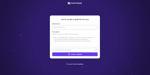 Screenshot of Hostinger's AI website builder
