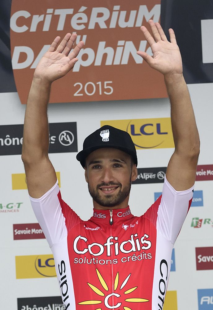Nacer Bouhanni (Cofidis) celebrates his stage 4 win on the podium