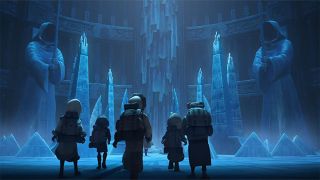 Still from Star Wars T.V. show. Here we see a group of 6 people exploring an ice cave. There are two giant hooden statues either end of the hall.