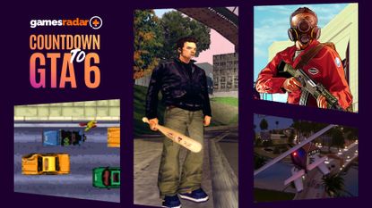 GTA 1, GTA 3, GTA 5, and GTA Vice City screenshots on a grid with the GamesRadar 'Countdown to GTA 6' branding