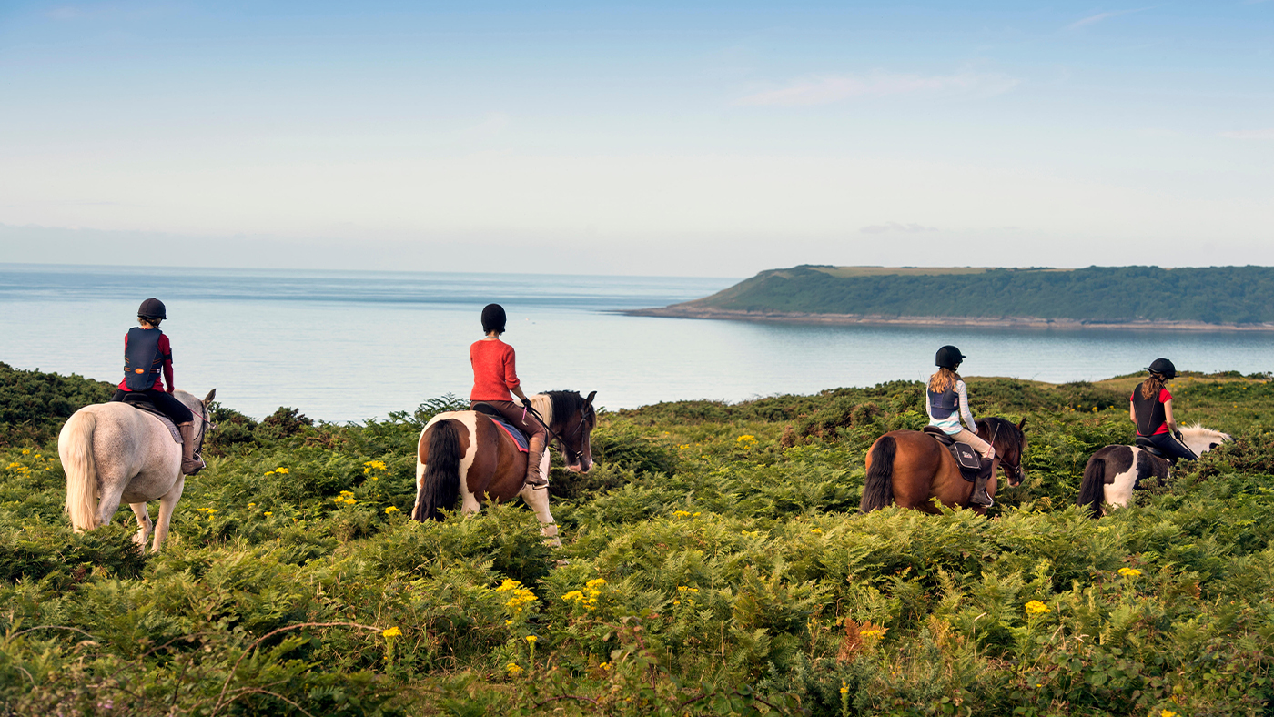 Riders on a horse trekking experience day in Wales