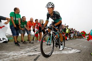 Rafal Majka climbs toward Balcón de Bizkaia during stage 17 at the Vuelta
