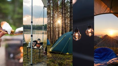 Selection of images to represent what to bring camping, including tent, sleeping bag, table, and snacks