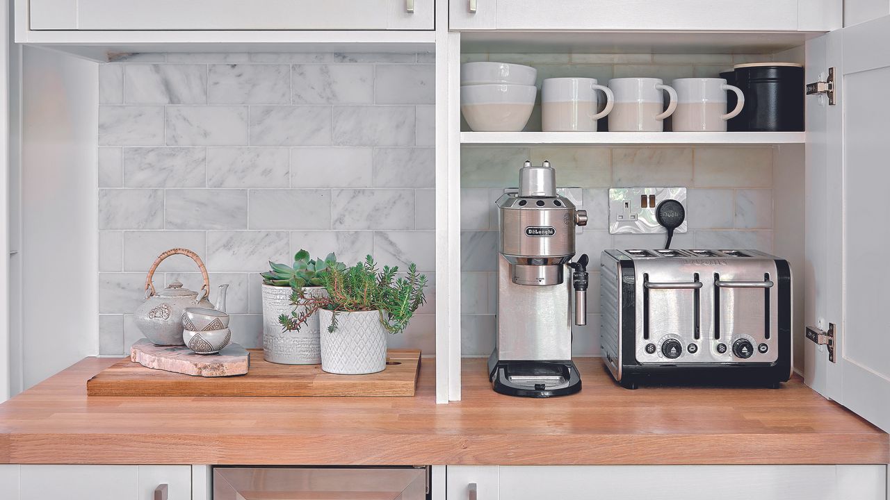 Kitchen with coffee station and mug storage