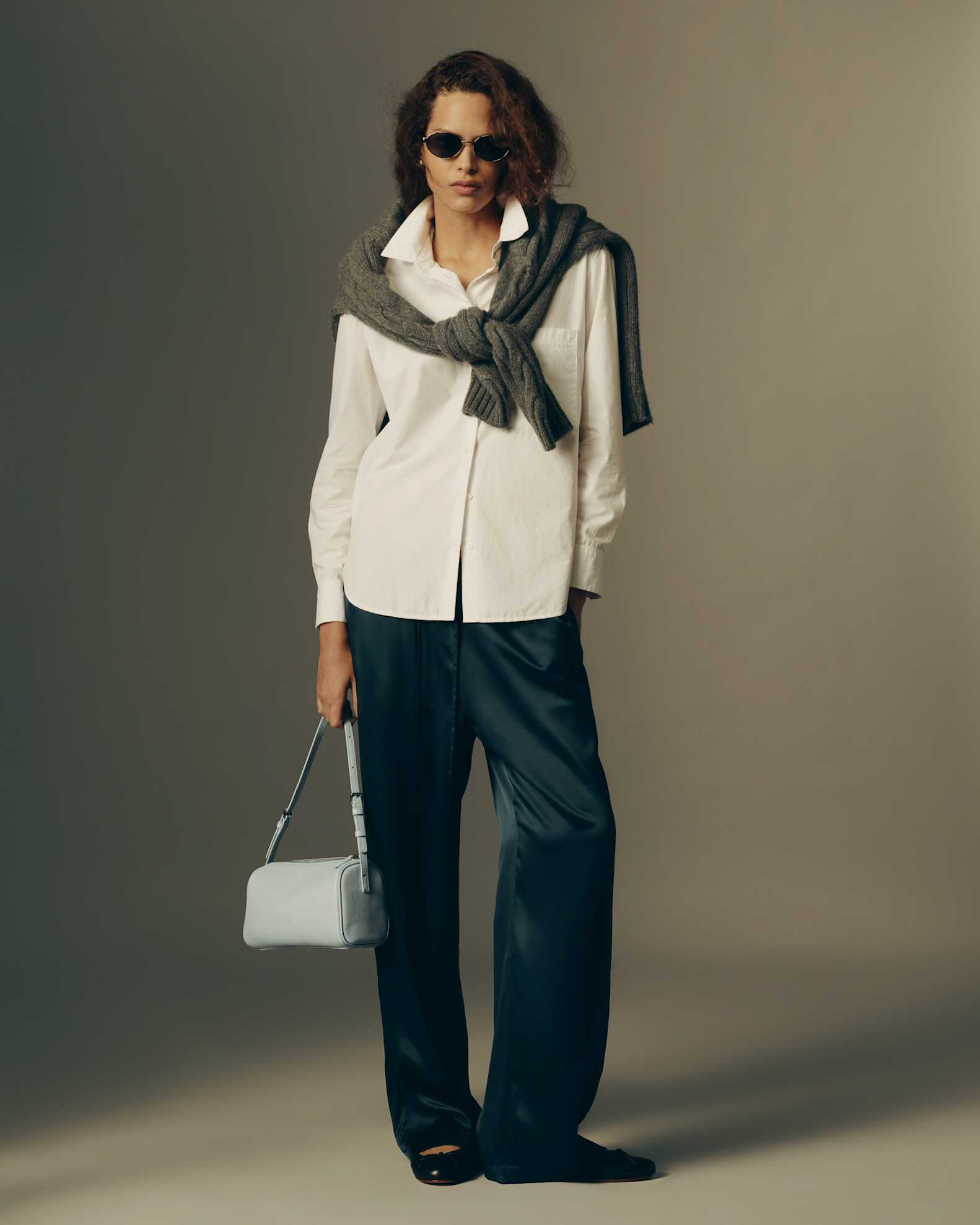 Quince, 100% Washable Silk Drawstring Wide Leg Pants in Stratus Blue