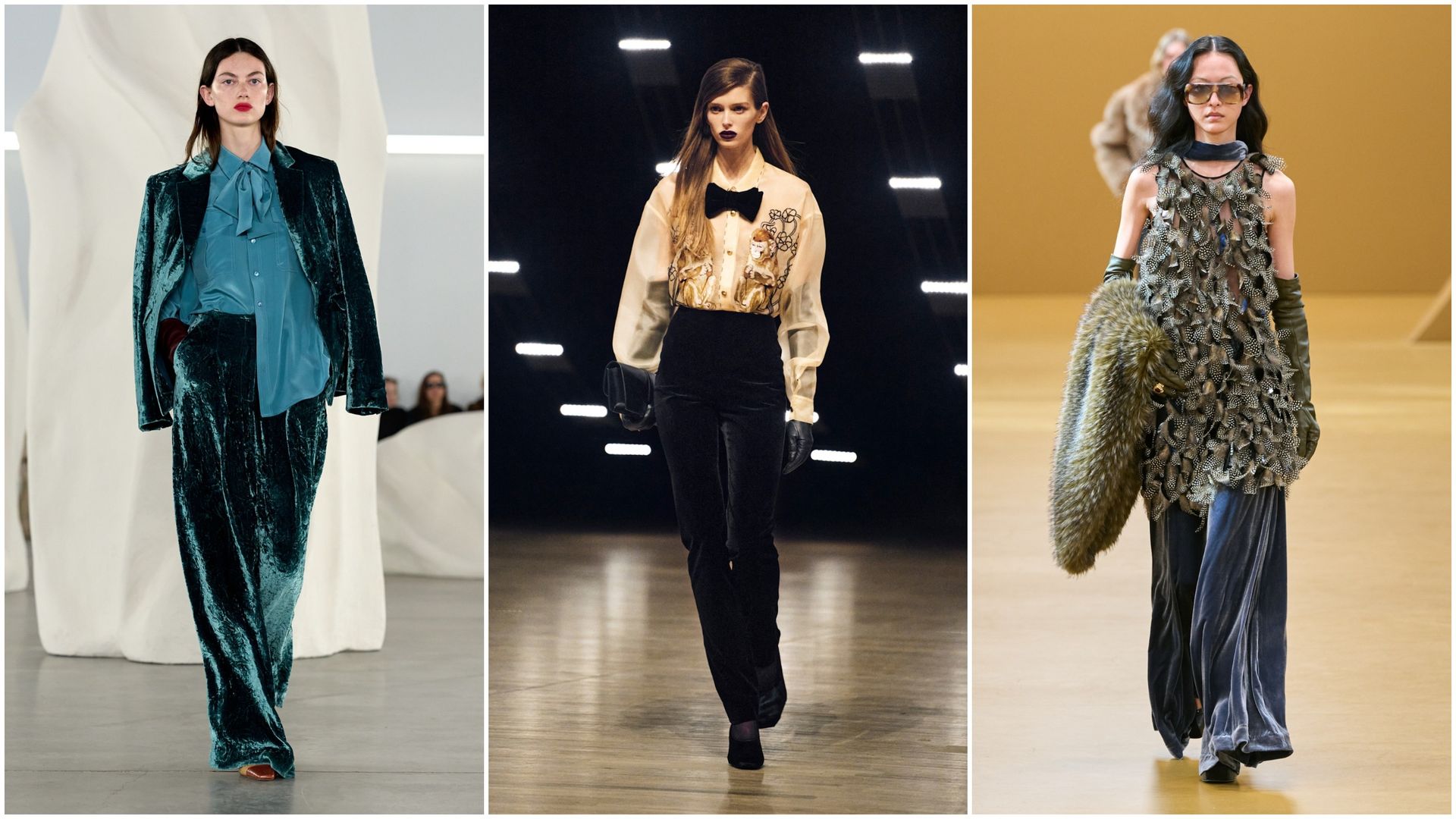 velvet pants on the fall 2026 runways of Ulla Johnson, Khaite, and Zimmermann.