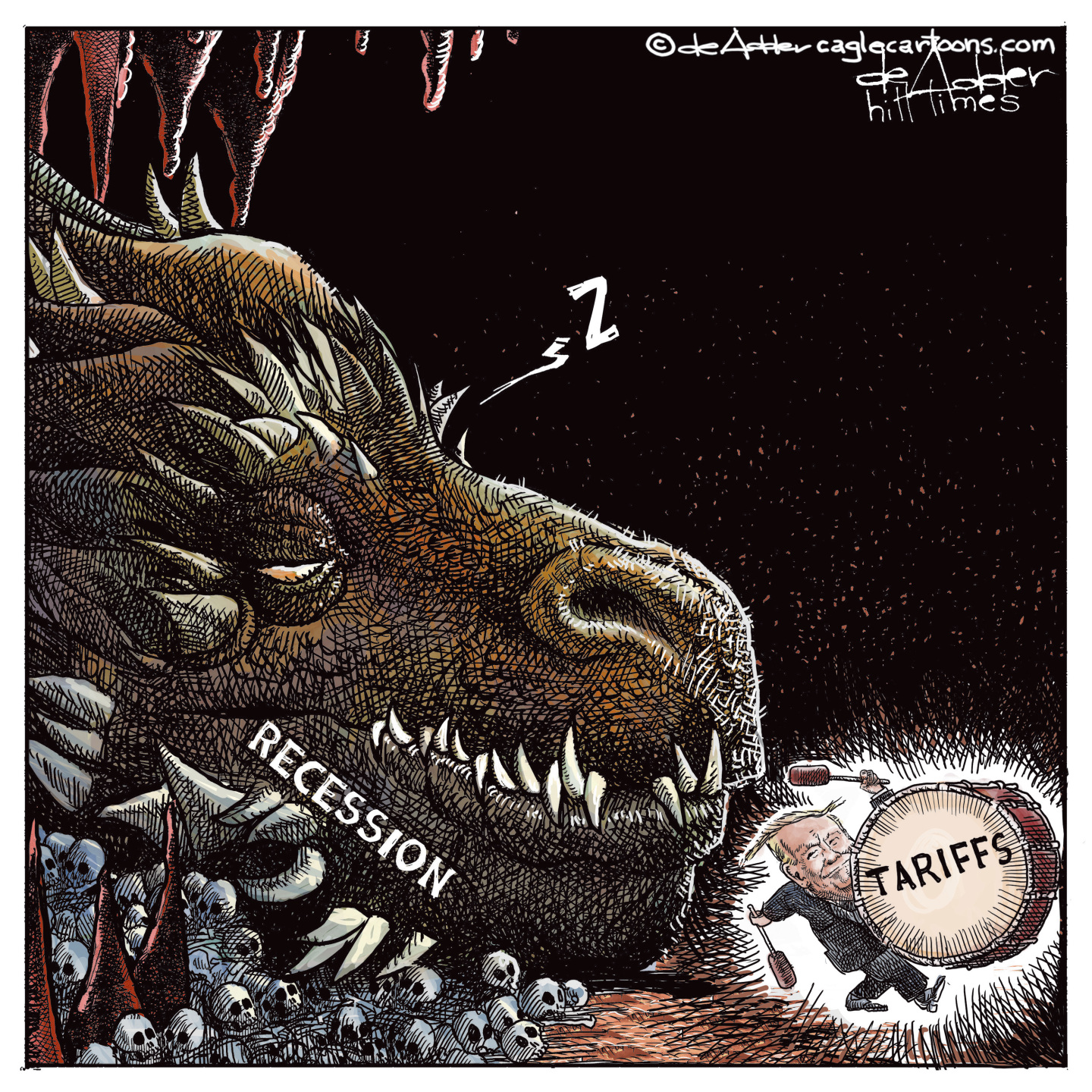 This cartoon takes place in a dragon’s lair where a sleeping dragon labeled “Recession” has just started to open an eye. Donald Trump marches past the dragon banging a drum labeled “Tariffs.”
