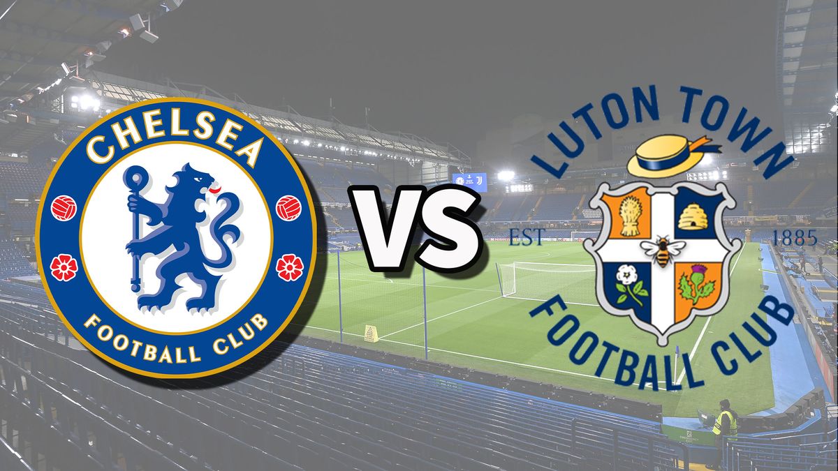 The Chelsea and Luton Town club badges on top of a photo of Stamford Bridge in London, England