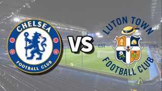 The Chelsea and Luton Town club badges on top of a photo of Stamford Bridge in London, England