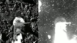 side-by-side images showing a spacecraft's robotic arm about to contact a gravelly asteroid (left) and stirring up lots of dirt and rock after contact (right).