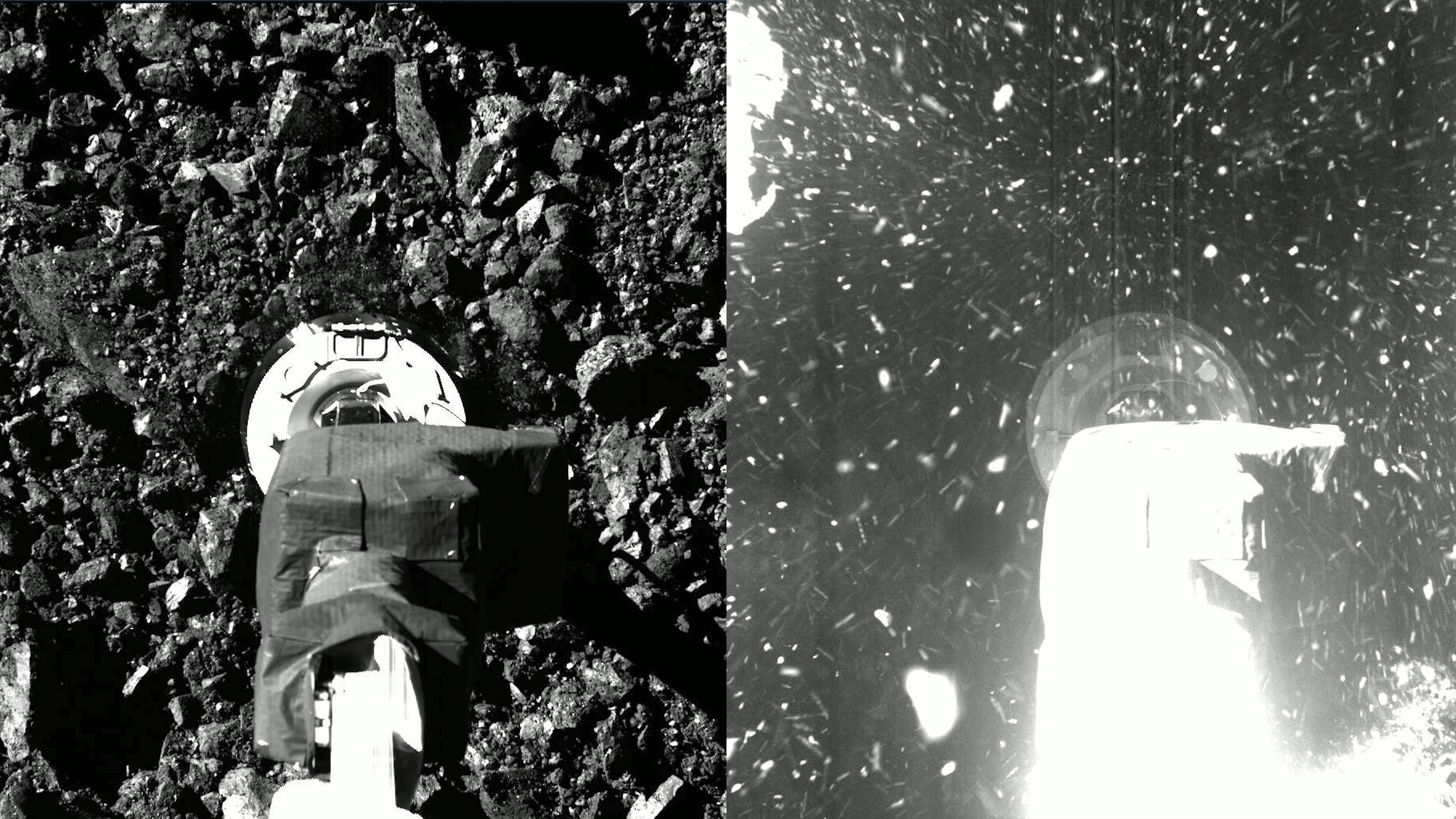 Side-by-side images from NASA's OSIRIS-REx spacecraft of the robotic arm as it descended towards the surface of asteroid Bennu (left) and as it tapped it to stir up dust and rock for sample collection (right) on Oct. 20, 2020.