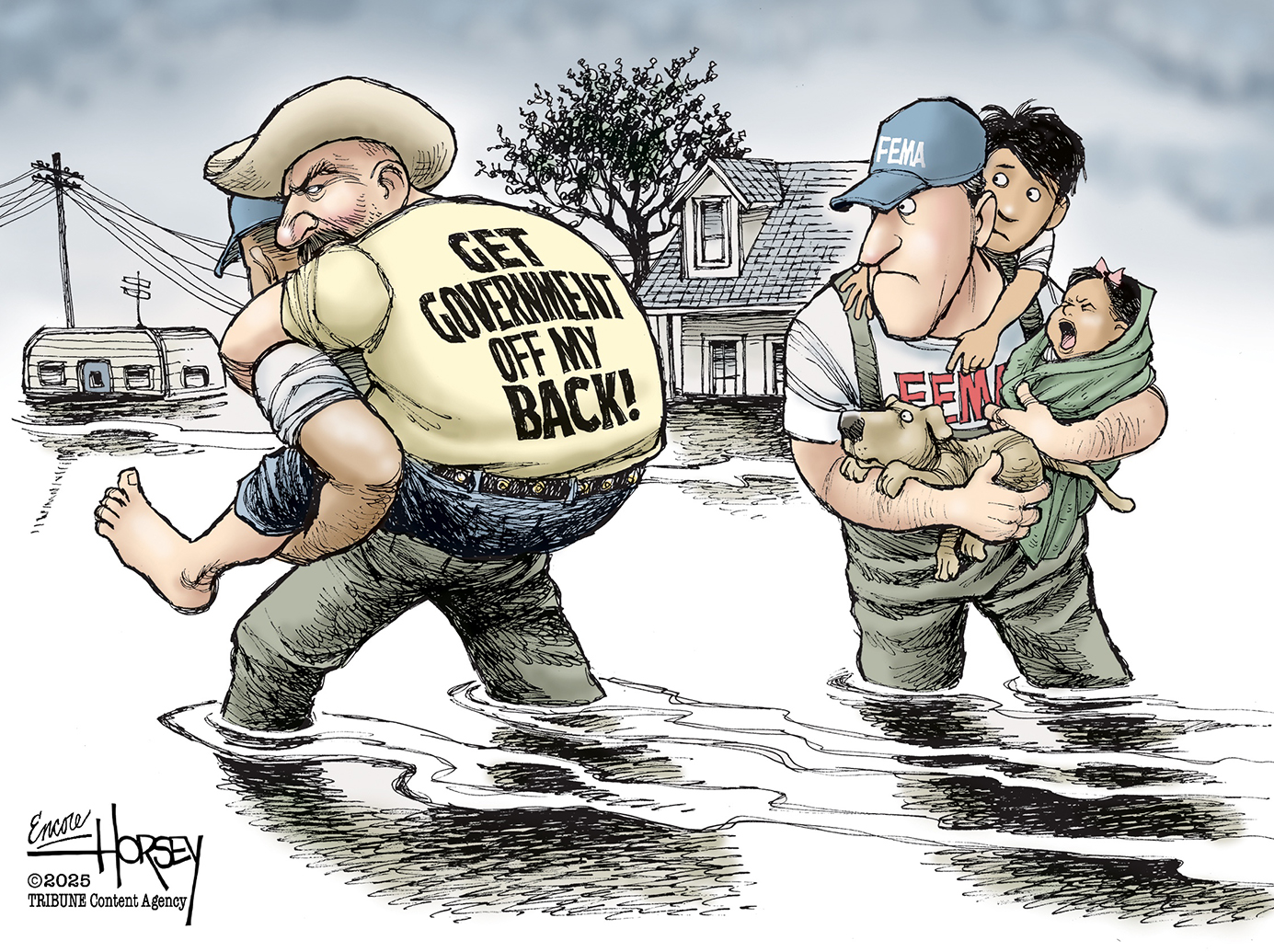 This cartoon depicts FEMA rescuing people from the Texas floods. One FEMA agent carries a dog, a swaddled child, and a young boy. The other carries a large man in a cowboy hat and a shirt that reads, “Get government off my back!”