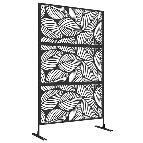 Outsunny Decorative Outdoor Privacy Screen With Stand, 6.5ft Freestanding Metal Outdoor Divider, Decorative Privacy Panel With Expansion Screws for Garden, Leaf Style, Black